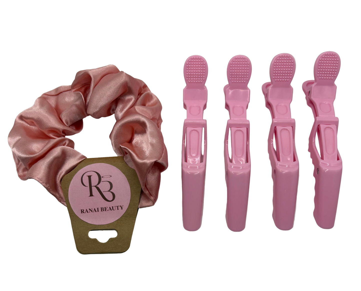 Twin Bundle: Pink Satin Scrunchie & Pink Croc Clips