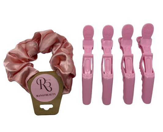 Twin Bundle: Pink Satin Scrunchie & Pink Croc Clips